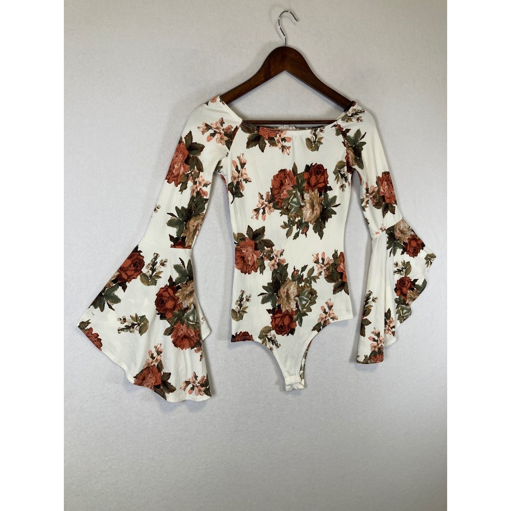 Whimsical Romantic Floral A'GACI Women Small Cream Rust Bell Sleeve Bodysuit - Picture 9 of 9